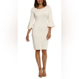 London Times Women’s White Large Pearl 3/4 Bell Sleeve Sweater Mini Dress